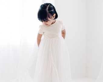 Long Ivory Sequin Ball Gown, Romantic Cream Flower Girl Dress, Bohemian Floor Length Wedding, Boho Chic beach, Baptism