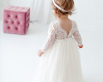 Boho Tulle Flower Girl Dress, Long Sleeve Floor Length Dress, Beach Wedding Dress, Ivory Tulle, White Lace Dress