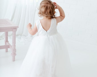 White Tulle Flower Girl Dress, Romantic Sequin Flower Girl Dress, Boho Girls Dresses, Formal Wedding Dress