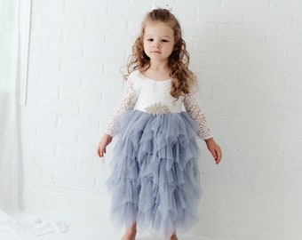 Boho Gray Tulle Flower Girl Dress, Beach Wedding, Bohemian Crochet Dress, Dusty Blue Dress