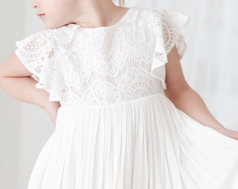 White Boho Flower Girl Dress, Rustic Wedding Dress, Will You Be My Flower Girl Proposal, Infant Lace Dresses