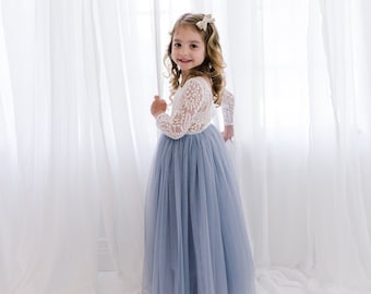 White Lace Flower Girl Dress, Gray Tulle Long Sleeve Wedding dress, Dusty Blue Ball Gown, Floor Length, Boho Chic Beach, Smoke Steel Blue