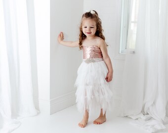 Rose Gold Flower Girl Dress, Rustic White Wedding Gown, Romantic Beach Boho Spring Dresses