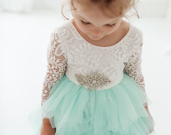 Mint Tulle Flower Girl Dress, Boho White Wedding Gown, Bohemian Girls Summer Dress, Beach Wedding Dress