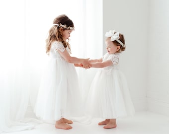 White Tulle Flower Girl Dress, Boho Lace Spring Dress, Beach Wedding, First Communion Dress