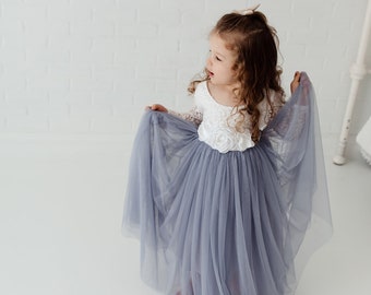 Dusty Blue Gray Tulle Long Sleeve Wedding dress, White Lace Flower Girl Dress, Smoke Blue Floor Length Ball Gown