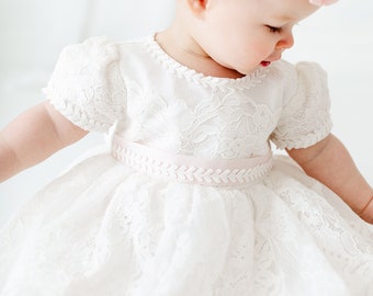 White Lace Baptismal Gown, Infant Christening Dress, Unique Baby Girl Boho Dress, Flower Girl