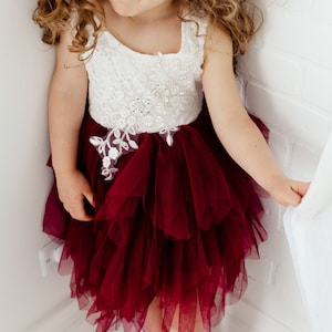 Bohemian Flower Girl Dress, Burgundy Boho Dress, White Lace Flower Girl Dress, Wine Tulle Dress, Maroon Dress