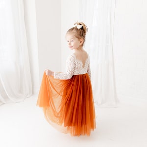 Burnt Orange Tulle Long Sleeve Wedding, White Lace Flower Girl Dress, Rust Floor Length Dress, Terracotta Tulle