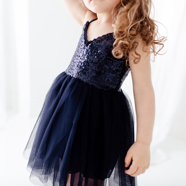 Girls Navy Blue Tulle Dress, Baby Girl 1st Birthday Dress, Midnight Blue Sequin Flower Girl Dress