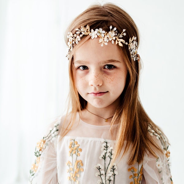 Lavelle- Boho Floral Wedding Headband, Flower Girl Halo, Gold Floral Turban, Rhinestone Headband Baby Girls Bohemian Greek Goddess Headpiece