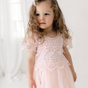 Rustic Lace Flower Girl Dress, Blush Pink Boho Wedding Dress for Girls, Rose Gold Tulle Junior Bridesmaid Gown image 1