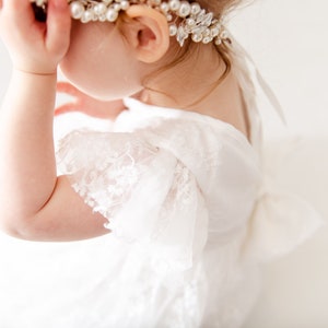 White Lace Christening Gown, Infant Lace Baptism Dress, Unique Baby Boho Dress, Baby Flower Girl Dress