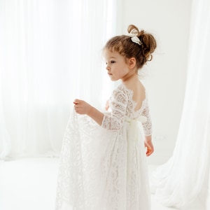 Boho Lace Flower Girl Dress, White Rustic Tulle Wedding Dress for Girls, Bohemian Junior Bridesmaid Gown, Country Wedding Outfit image 2