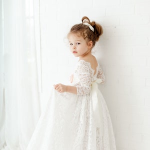 White Paisley Boho Flower Girl Dress, Rustic Lace Tulle Wedding Dress for Girls, Flower Girl Proposal Outfit image 4