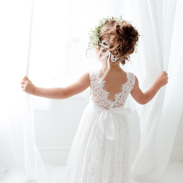 Robe de fille de fleur en dentelle boho, robe de mariée blanche rustique, serez-vous ma proposition de fille de fleurs, robes boho