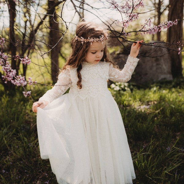 Long Sleeve Lace Flower Girl Dress, Rustic Tulle Wedding Dress, Bohemian Lace Dress, Boho Christening Gown, Winter Wedding