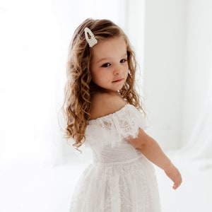 White Boho Lace Flower Girl Dress, Bohemian Tulle Wedding Dress, Grecian High Low Dress, Off The Shoulder Boho Dress