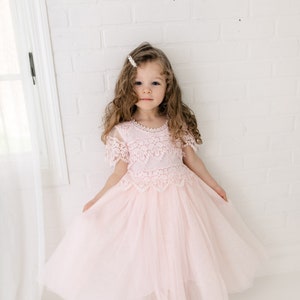 Rustic Lace Flower Girl Dress, Blush Pink Boho Wedding Dress for Girls, Rose Gold Tulle Junior Bridesmaid Gown image 2