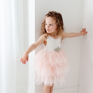 Girls Blush Tulle Dress, White Lace Flower Girl Dress, Boho Dresses, Flower Girl Proposal. Allison