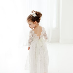 White Paisley Boho Flower Girl Dress, Rustic Lace Tulle Wedding Dress for Girls, Flower Girl Proposal Outfit image 1