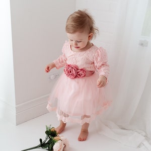 Pink Lace Baby Dress, Long Sleeve Flower Girl Dress, Floral Boho Blush Dress, Girls Spring Dresses