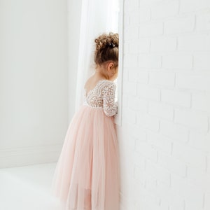 Boho Lace Flower Girl Dress, Blush Tulle Long Sleeve Wedding Gown, Floor Length Ball Gown, Bohemian Dress. Jocelyn