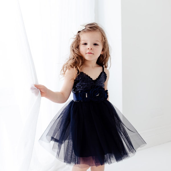 Navy Tulle Flower Girl Dress, Midnight Blue Sequin Dress, Dusty Smoke Blue Wedding, Flower Girl Gift