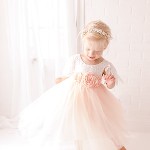 Blush Pink Tulle Short Sleeve Wedding Gown, White Lace Floor Length Flower Girl Dress, Ball Gown, Boho Chic Beach, Dusty Rose Spring. Aria image 1