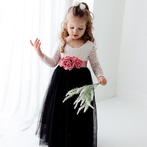 Black Tulle Flower Girl Dress, Black and White Wedding Dress, White Boho Dress
