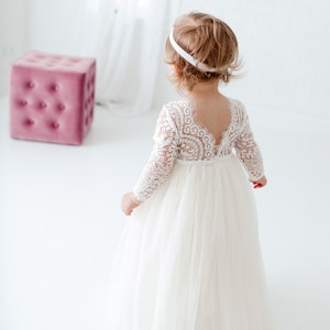 Boho Tulle Flower Girl Dress, Long Sleeve Floor Length Dress, Beach Wedding Dress, Ivory Tulle, White Lace Dress