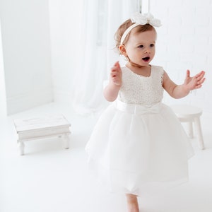 Satin Christening Gown, Newborn Baby Baptism Dress, Tulle Flower Girl Dresses image 2