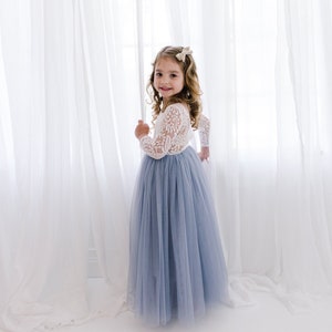 White Lace Flower Girl Dress, Gray Tulle Long Sleeve Wedding dress, Dusty Blue Ball Gown, Floor Length, Boho Chic Beach, Smoke Steel Blue