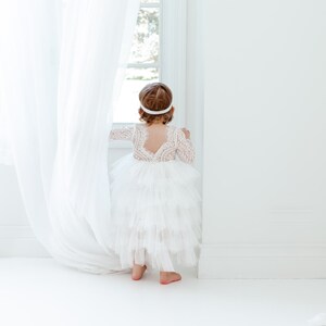 Boho White Lace Flower Girl Dress, Toddler Tulle Long Sleeve Dress, Crochet Girls Spring Dresses
