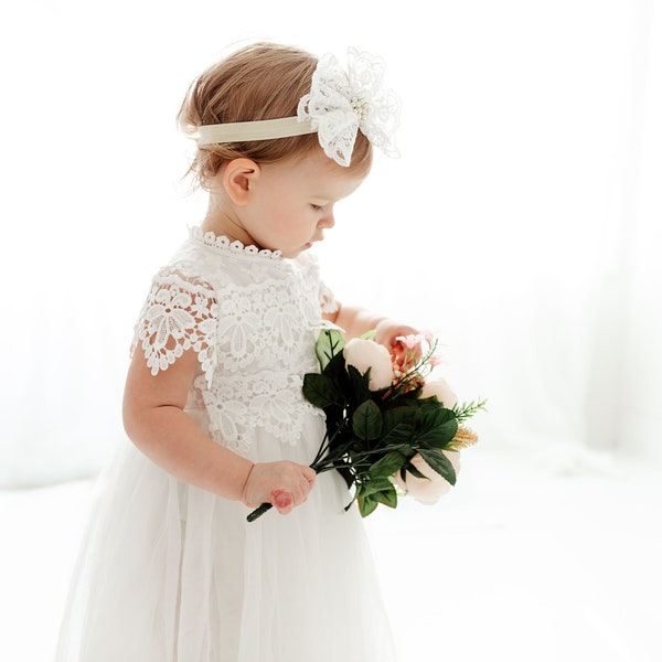 White Lace Christening Gown, Infant Baptism Dress, Unique Baby Boho Dress, Flower Girl Dress