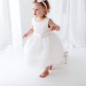 Satin Christening Gown, Newborn Baby Baptism Dress, Tulle Flower Girl Dresses image 1