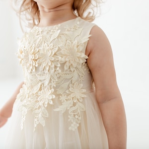 May include: A sleeveless, ivory tulle dress with a floral lace overlay. The lace features delicate flowers and leaves in a raised design.