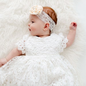Claudia- White Lace Christening Gown, Infant Lace Baptism Dress, Unique Baby Boho Dress, Baby Flower Girl Dress
