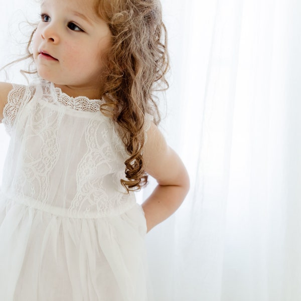 Romantic White Lace Flower Girl Dress, Boho Tulle Wedding Dress, Rustic Flower Girl Dresses