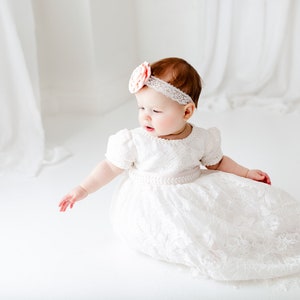 Eve White Lace Christening Gown, Infant Baptism Dress, Unique Baby Boho Dress, Flower Girl image 1