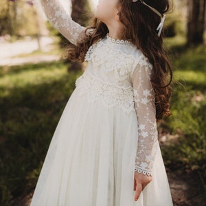 Boho Lace Flower Girl Dress, Bohemian Ivory Tulle Wedding Dress, Rustic Lace Dress, Boho Christening Gown, Baptism Dress, Communion image 3