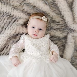 Rustic Ivory Flower Girl Dress, Boho Tulle Wedding Dress, Long Sleeve Lace Dress, Bohemian Christening Gown, Baptism Dress