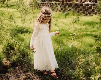 Bohemian Ivory Flower Girl Dress, Rustic Lace Wedding Dress, Bohemian Tulle Dress, Boho Christening Gown, Baptism Dress