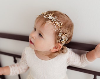 Lavelle Gold Floral Wedding Headband, Flower Girl Halo Crown, Rhinestone Baby Headband, Bohemian Greek Goddess Headpiece