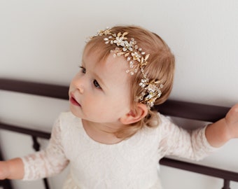 Lavelle- Gold Floral Wedding Headband, Flower Girl Halo, Floral Turban, Rhinestone Headband  Baby Girls Bohemian Greek Goddess Headpiece