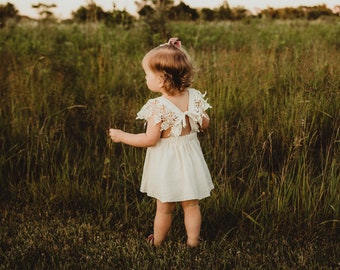 Boho Lace Flower Girl Dresses, Baby Gift, Linen Girls Dresses, Spring Dress