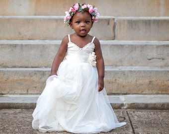 Bohemian Ivory Tulle Flower Girl Dress, Floor Length Flower Girl Dress, Rustic Flower Girl Dress