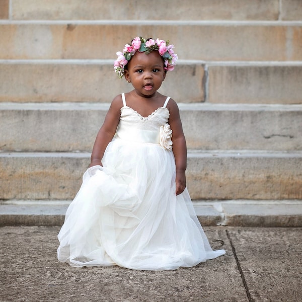 Bohemian Ivory Tulle Flower Girl Dress, Floor Length Flower Girl Dress, Rustic Flower Girl Dress