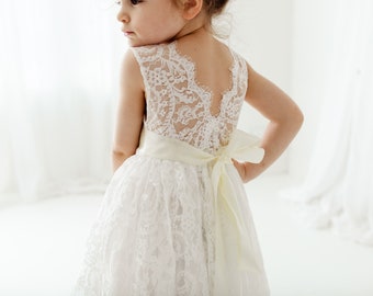 Lauren White Boho Lace Flower Girl Dress, Rustic Wedding Gown for Girls, Junior Bridesmaid Outfit, Flower Girl Proposal Dress