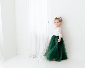 Boho Lace Flower Girl Dress, Hunter Green Tulle, Long Sleeve White Wedding Dress, Floor Length Boho, Infant Flower Girl Dress